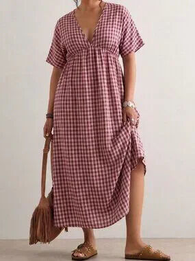 ZARA Burgundy Cute Women's Plus Size Loose Casual Plaid Dress